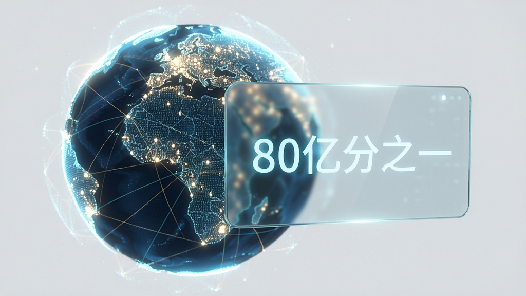 画面主体是一个发光的数字地球仪,地球表面分布着无数微小的光点代表用户,地球前方悬浮着一个半透明的概率数值面板,面板上显示“80亿分之一”字样,布局为地球仪居中偏左,右侧为数据面板,风格为科技感十足的3D渲染风格,细节包含光点之间的细线连接、面板的玻璃质感与柔和发光效果,画质高清,背景干净无杂乱元素