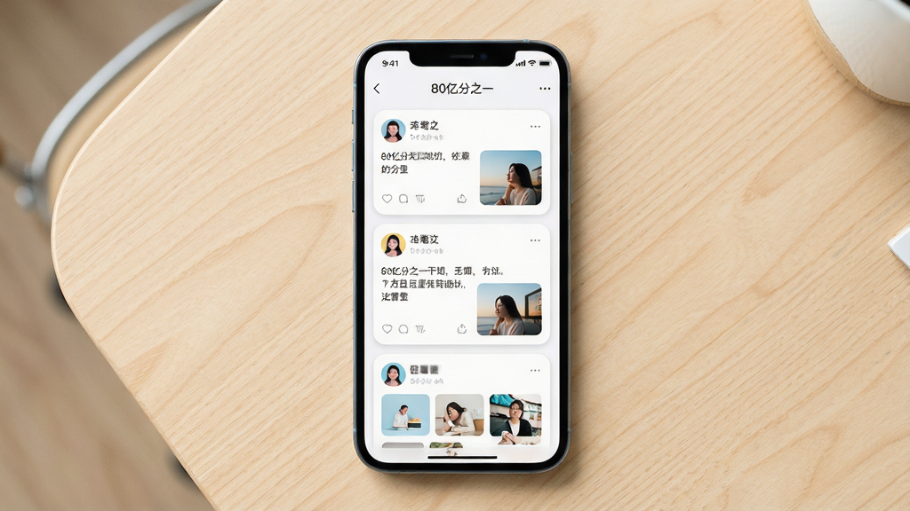 画面主体是一部手机展示APP内的动态广场界面,界面中排列着多个卡片式动态内容,每个卡片包含用户头像、简短文字与配图,布局为手机正面展示居中,背景为浅色木质桌面,风格为清新明快的UI展示风格,细节包含卡片的圆角设计与柔和阴影、界面顶部的“80亿分之一”标题栏,画质清晰,整体干净整洁