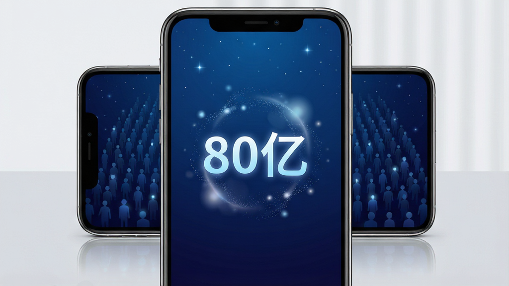 画面主体是一部智能手机屏幕,屏幕中央显示“80亿分之一”APP的启动界面,界面采用深蓝色星空渐变背景,点缀着无数细小的光点象征人海,中央有一个发光的数字“80亿”艺术字,周围环绕着柔和的粒子光晕,布局为手机居中放置于浅灰色桌面,背景简洁干净,风格为现代扁平化UI展示风格,细节包含手机边框的高光反射与屏幕内的微光效果,画质清晰锐利,整体干净无多余元素