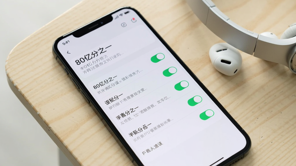 画面主体是一部手机屏幕显示APP的隐私设置界面,界面中包含多个开关选项与权限说明文字,布局为手机斜放在浅色桌面上,旁边放着一副耳机,风格为简约生活化产品展示风格,细节包含屏幕内的“80亿分之一”设置标题与清晰的开关图标,画质明亮清晰,背景干净无杂乱
