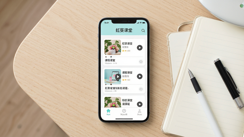 一张展示虹葵课堂在线学习场景的图片,主体为一部智能手机屏幕显示课程列表界面,布局为手机居中放置于浅色木质桌面,排版采用简洁的居中构图,风格为清新现代的教育类应用展示风,细节包括屏幕内可见课程卡片与播放按钮、桌面旁放置一本翻开的笔记本和一支笔,画质清晰明亮,画面干净无多余元素,图片中屏幕上方显示文字