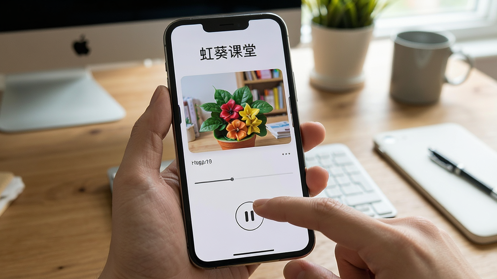 一张展示虹葵课堂移动端学习操作场景的图片,主体为一只手握持手机显示课程播放界面,布局为手机屏幕占据画面主要位置,排版采用第一人称视角,风格为生活化的学习场景摄影风,细节包括手指轻触屏幕暂停按钮、背景为室内桌面环境,画质自然清晰,画面干净无冗余物品,屏幕内显示文字