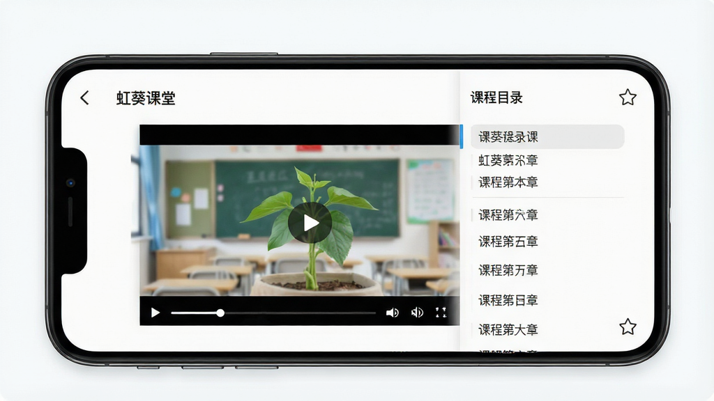 一张展示虹葵课堂课程学习界面的图片,主体为手机屏幕内呈现视频播放页面与课程目录侧边栏,布局为手机正面视角居中展示,排版突出屏幕内容,风格为清爽的教育应用界面风格,细节包括播放进度条、课程章节列表和收藏图标,画质高清,画面干净整洁,屏幕内显示文字
