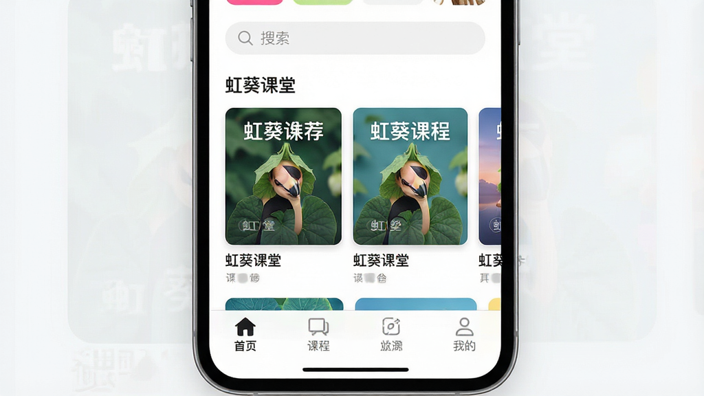 一张展示虹葵课堂应用主界面的图片,主体为手机屏幕显示底部导航栏与首页课程推荐卡片,布局为手机居中特写,排版强调界面元素清晰可见,风格为简约现代的移动应用展示风,细节包括底部四个导航图标、顶部搜索框和中部横向滑动的课程封面,画质细腻,画面干净无杂乱元素,屏幕内显示文字