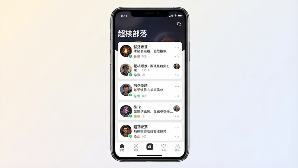 一张展示超核部落应用主界面的手机屏幕渲染图,画面中央是手机正面竖屏,屏幕内显示社交应用首页,顶部有“超核部落”文字标识,中部为部落话题卡片列表,底部为导航栏,背景为浅色渐变,风格简洁现代,细节清晰,画质干净,无多余元素