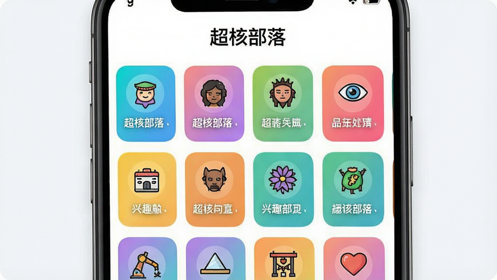 一张表现超核部落兴趣部落聚合功能的界面示意图,画面主体为手机屏幕,屏幕内展示多个彩色标签卡片排列成网格,每张卡片上有不同主题图标和简短文字,顶部有“超核部落”字样,布局整齐,风格清新明快,细节清晰,画质干净,无多余元素