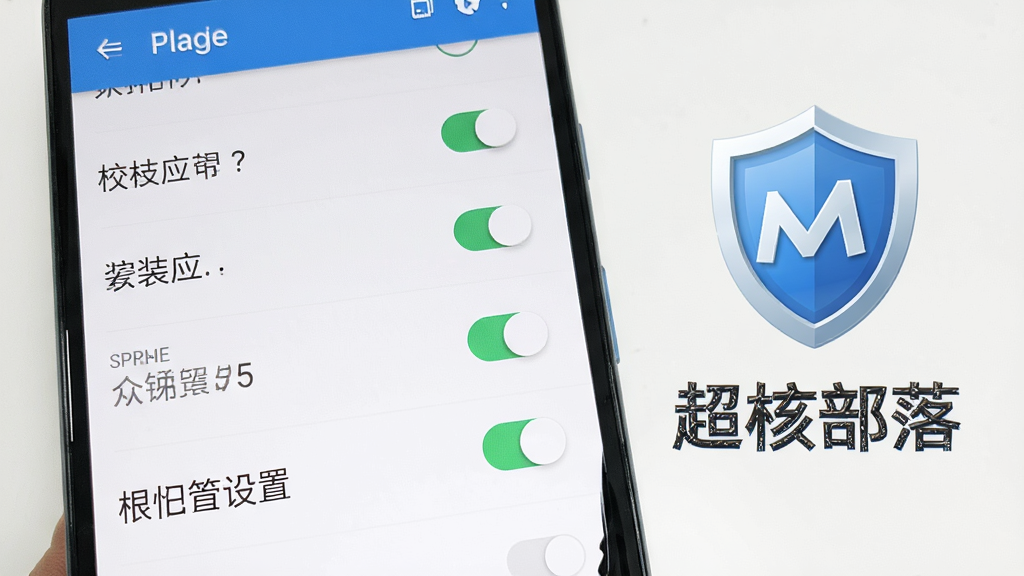 一张展示安卓手机安装应用时权限设置界面的示意图,画面为手机屏幕特写,屏幕内显示权限开关列表,旁边有盾牌图标和“超核部落”文字标识,风格简洁,细节清晰,画质干净,无多余元素