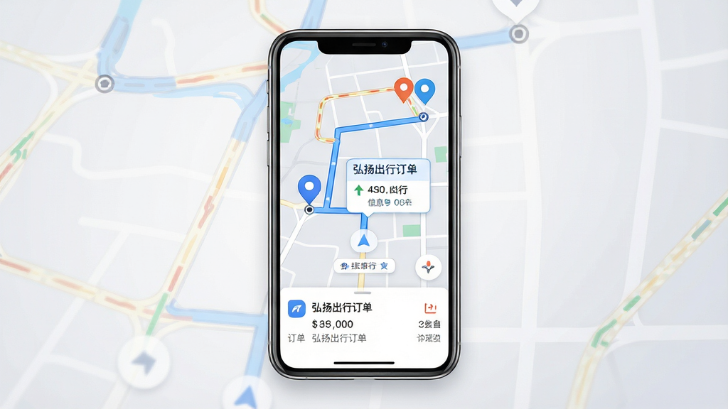 ��������Ϊ�ֻ���Ļ��Ƕ������ͼ���棬��ͼ����ʾһ����ɫ�滮·�ߣ�������յ�ֱ��ж�λͼ�꣬·���Ա�ע������ж�����Ϣ��������Ϊ�ֻ�����չʾ������Ϊǳ��ɫ���䣻�Ű��Ϸ�Ϊ��ͼ�����·�Ϊ���������������Ϊ�ִ���ƽ����ͼUI���ɫ���������ס�ǳ��Ϊ����ϸ�ڰ���·����ɫ�߶Ρ���λ���ݡ������ͷ�����ʸ��壬�������࣬�޶���������Ԫ��