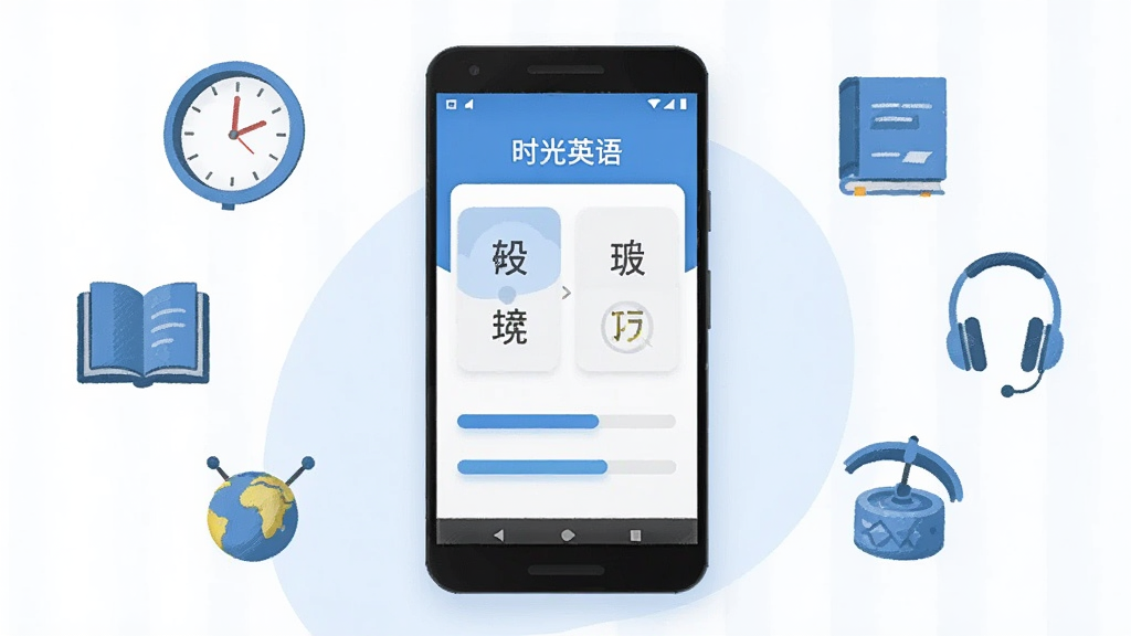 画面中央放置一部安卓手机,手机屏幕显示“时光英语”应用主界面,界面包含单词卡片和进度条元素,手机周围环绕时钟、书本、耳机等学习相关小图标,整体采用浅蓝色与白色配色,扁平化插画风格,细节清晰,背景干净无杂物,高清画质