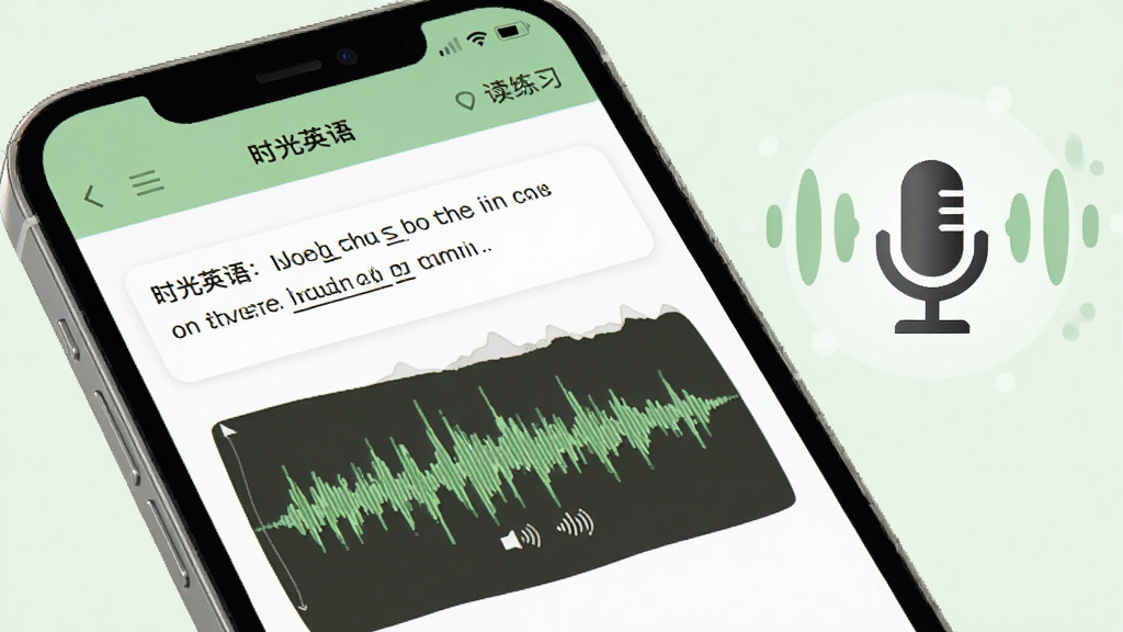 手机屏幕显示“时光英语”跟读练习页面,页面中有英文例句文本和录音波形对比图,手机旁边有麦克风图标和声波装饰图案,整体风格简洁清新,浅绿色调,画面干净,高清画质