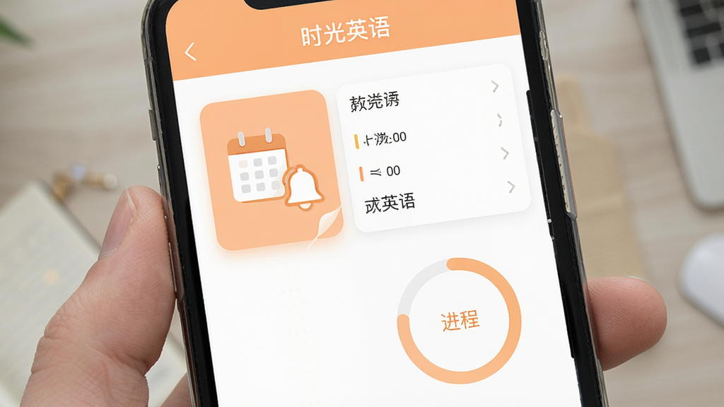 手机界面展示“时光英语”复习提醒设置页,页面中有日历图标和铃铛图标,旁边有单词列表和进度环,整体配色为浅橙色与白色,扁平化设计风格,画面整洁,高清画质