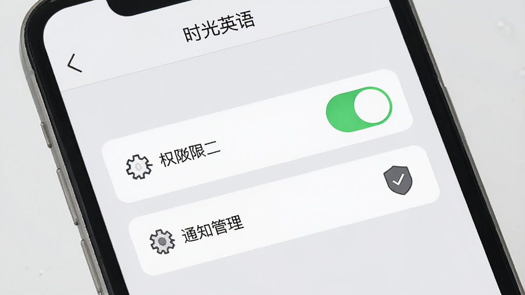 手机屏幕展示“时光英语”设置页面,页面中有权限开关和通知管理选项,旁边有齿轮图标和盾牌图标表示安全设置,整体风格清爽素雅,浅灰色调,画面干净,高清画质