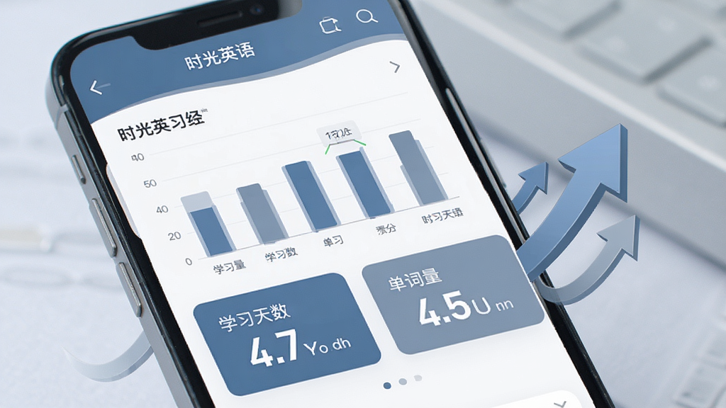 手机屏幕显示“时光英语”学习数据统计页面,页面中有柱状图和数字卡片展示学习天数与单词量,旁边有上升箭头装饰元素,整体风格简约商务,蓝灰色调,画面干净,高清画质