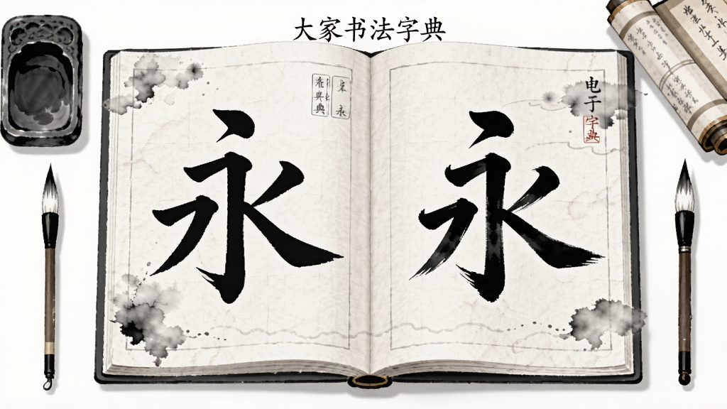画面中央是一本展开的电子书法字典,左侧为楷书“永”字,右侧为行书“永”字,周围环绕毛笔、砚台与卷轴,布局对称,风格为清新水墨插画,细节包含宣纸纹理与墨迹晕染,画质清晰干净,画面中标注文字“大家书法字典”,无多余元素