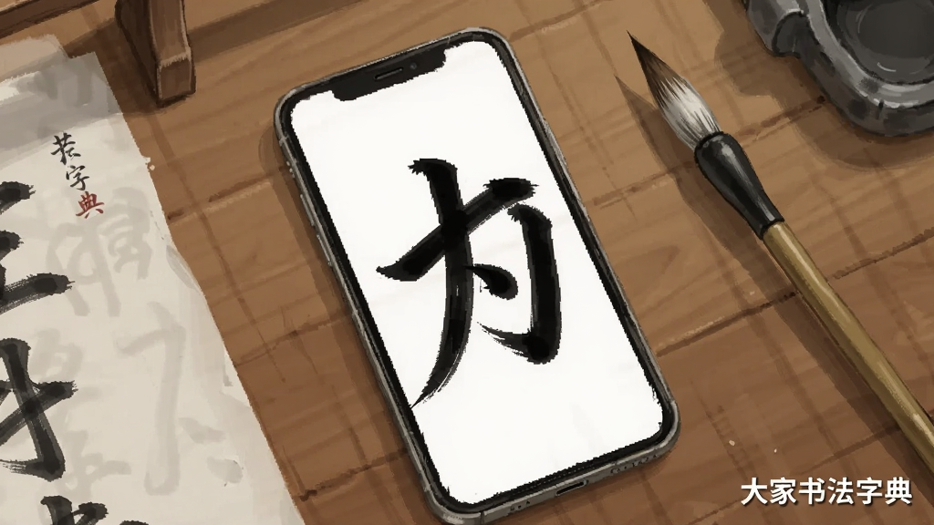 画面为一部手机放置在书桌上,屏幕显示放大的草书单字,旁边放着毛笔与字帖,布局为俯视视角,风格为写实静物插画,细节包含木纹桌面与纸张阴影,画质清晰干净,画面角落标注“大家书法字典”,无多余元素