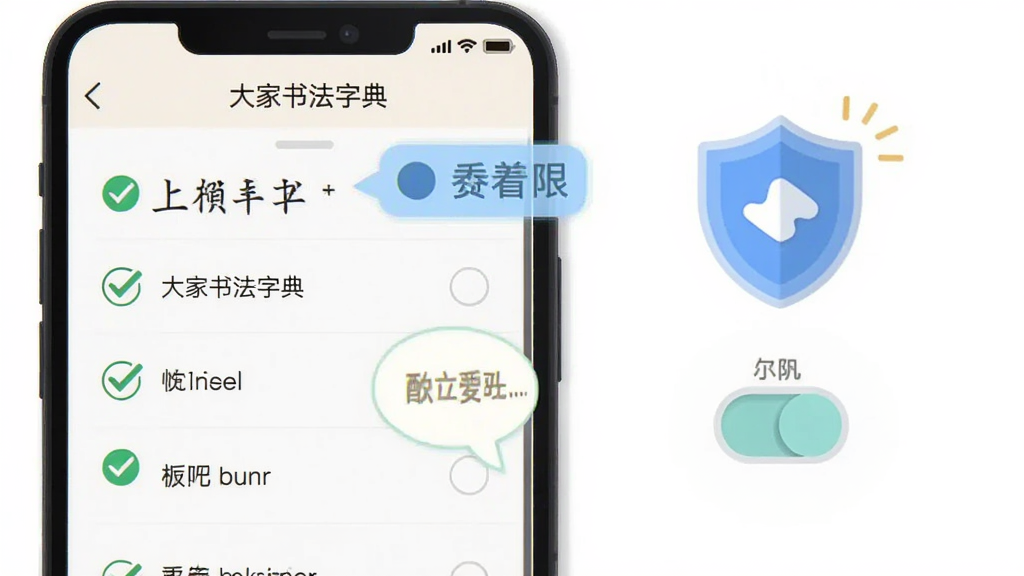 画面为手机屏幕显示书法字典应用设置页,旁边有盾牌图标与权限开关示意,布局为左右分栏,风格为扁平化信息图插画,细节包含勾选标记与提示气泡,画质清晰干净,画面中标注“大家书法字典”,无多余元素
