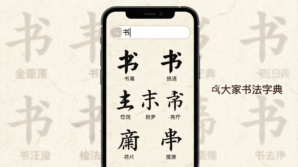 画面主体为手机屏幕,屏幕内展示书法字典检索界面,上方搜索框输入“书”字,下方以网格排列楷行草隶篆五种书体字形,背景为浅米色宣纸质感,布局简洁垂直,风格为扁平化UI插画,细节包含图标与文字标签,画质清晰干净,屏幕旁标注“大家书法字典”,无多余元素