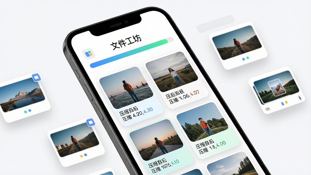 画面主体是多张图片文件以卡片形式排列在手机屏幕中,屏幕上方显示“文件工坊”批量压缩进度条,图片卡片标注压缩前后体积对比;布局为手机斜置于画面中央,周围漂浮若干图片缩略图;排版层次分明,风格为现代简约数码风,细节包括图片边缘圆角、进度条蓝绿色渐变、体积数字清晰;画质高清,干净,无多余元素