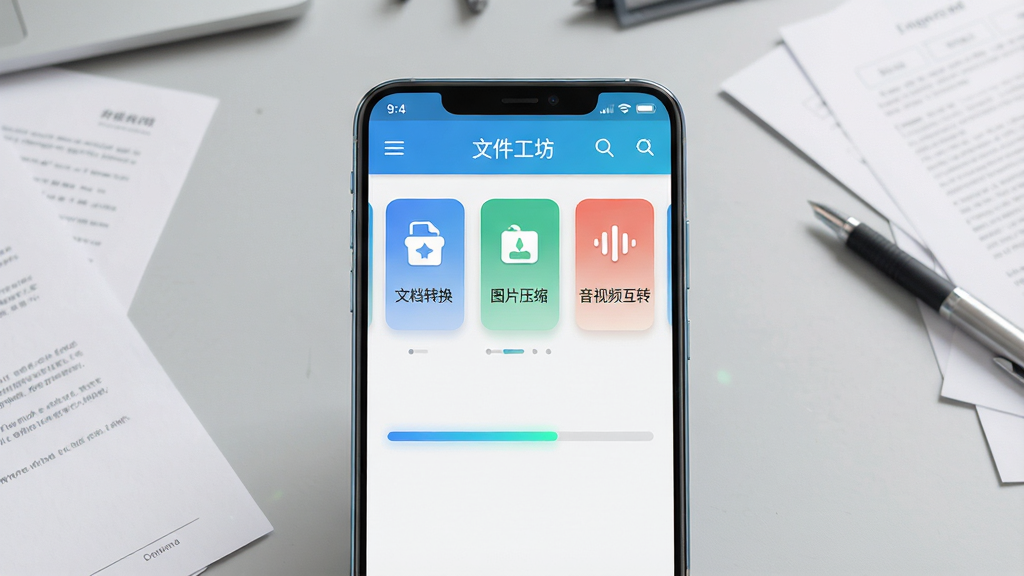 主体是一部安卓手机屏幕特写,屏幕上显示“文件工坊”应用主界面,界面包含文档转换、图片压缩、音视频互转三个功能卡片;布局为手机居中放置,背景是浅灰色工作台桌面,桌上散落几张文档纸和一支笔;排版简洁居中,风格为清爽扁平化科技感,细节包括界面图标清晰、进度条微光、手机边缘高光;画质高清,干净,无多余元素