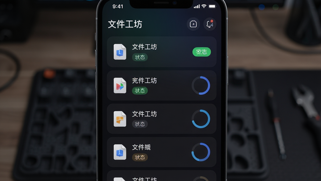 主体是手机屏幕上的任务队列列表界面,显示“文件工坊”已完成与进行中的转换任务,每条任务带文件图标和状态标签;布局为手机正面居中,背景为深色渐变工作台;排版整齐列表化,风格为深色科技感UI展示,细节包括状态标签颜色区分、进度环动画感、文件类型图标清晰;画质高清,干净,无多余元素