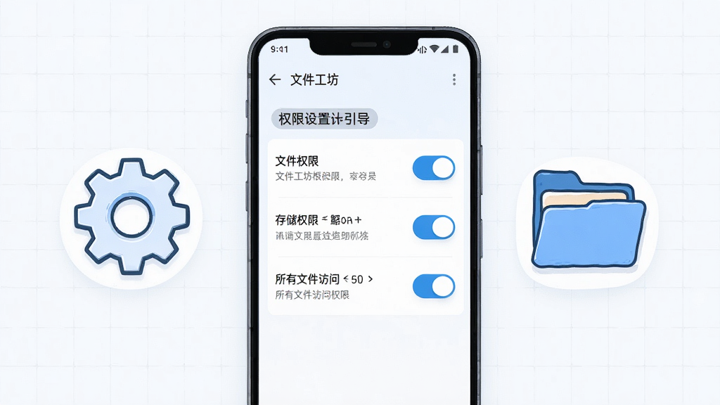 主体是一部安卓手机显示“文件工坊”权限设置引导页,页面列出存储权限与所有文件访问权限开关;布局为手机居中,旁边配一个简洁的齿轮图标和文件夹图标;排版清晰,风格为浅色系操作指引插画风,细节包括开关按钮高亮、文字说明条理分明、背景有淡淡网格线;画质高清,干净,无多余元素