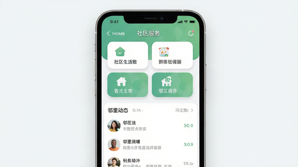 主体是一部智能手机屏幕显示社区生活服务应用界面,布局为居中构图,上方是应用首页卡片式功能入口,下方是邻里动态列表,排版整齐清晰,风格为现代扁平化UI设计,细节包含圆角图标、柔和阴影、浅色背景与绿色点缀,画质高清干净无多余元素