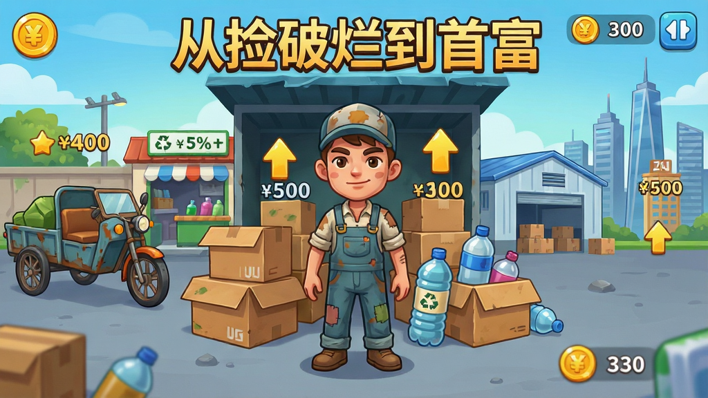 一张手机游戏主界面截图风格插画,画面中央是穿着旧工装的主角站在堆满纸箱与塑料瓶的回收站前,背景从左到右递进展示破旧三轮车、小型回收门店、现代化物流仓库与城市天际线,整体采用明快卡通渲染风格,布局为横向叙事长卷,排版突出中央人物与右侧高楼对比,细节包含金币图标、上升箭头与财富数值,画质清晰干净,画面中打文字