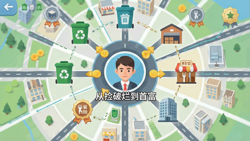 一张游戏内商业版图扩张界面插画,主体为城市地图上分布的回收站、物流仓库、餐饮门店与写字楼图标,布局为环形辐射状,中心为玩家角色头像,风格为清新扁平化信息图,细节包含金币流动箭头、等级徽章与产业连线,画质清晰干净,画面中打文字