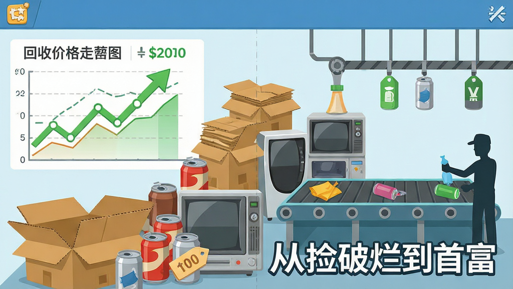 一张游戏内废品回收经营界面插画,主体为分类摆放的纸板、易拉罐与旧家电堆,布局采用左右分栏,左侧为回收价格走势图,右侧为分拣流水线,风格为扁平化卡通商务插画,细节包含价格标签、绿色上升箭头与工人剪影,画质清晰干净,画面中打文字