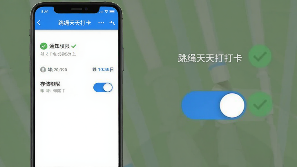 跳绳天天打卡软件在安卓手机上的权限设置界面示意图,画面展示通知权限和存储权限开关,旁边有勾选提示,风格简洁明了,配色以白色和蓝色为主,画质清晰,无多余装饰