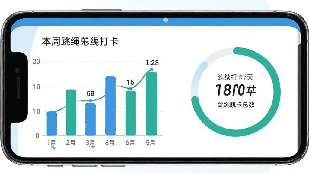 跳绳天天打卡软件的数据统计页面,手机屏幕中展示柱状图和环形进度条,标注“本周跳绳总数”“连续打卡7天”等文字,配色以蓝绿为主,界面干净整洁,扁平化设计风格,画质清晰
