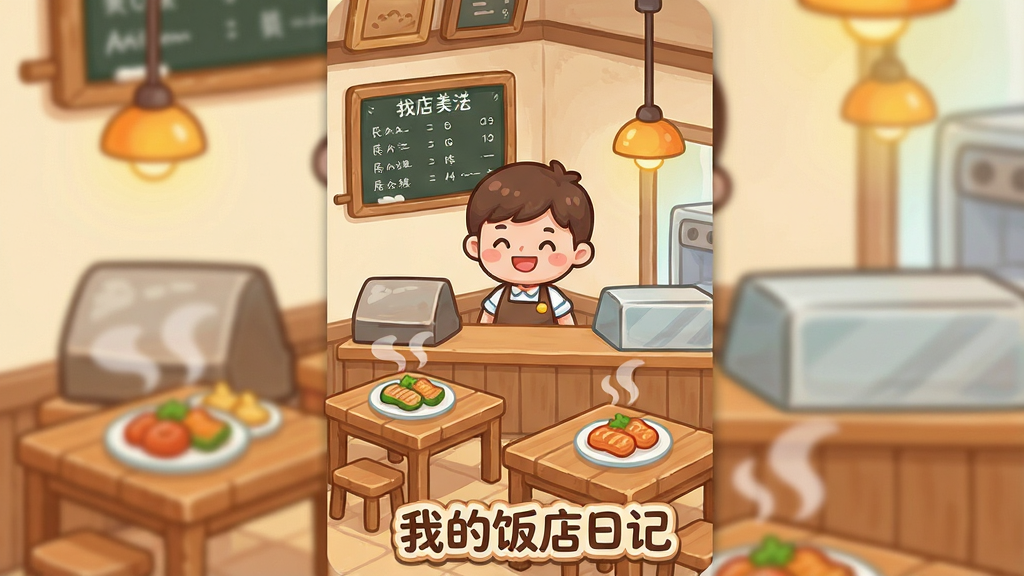 一张温馨卡通风格的手机游戏界面展示图,画面中央是一家小型饭店的室内场景,木质餐桌整齐摆放,桌上放着热气腾腾的菜肴,一位卡通店主站在柜台后微笑,背景墙上挂着菜单黑板和暖色吊灯,整体布局为竖版手机屏幕比例,风格清新可爱,细节丰富,画质清晰干净,无多余元素,画面中可出现文字“我的饭店日记”