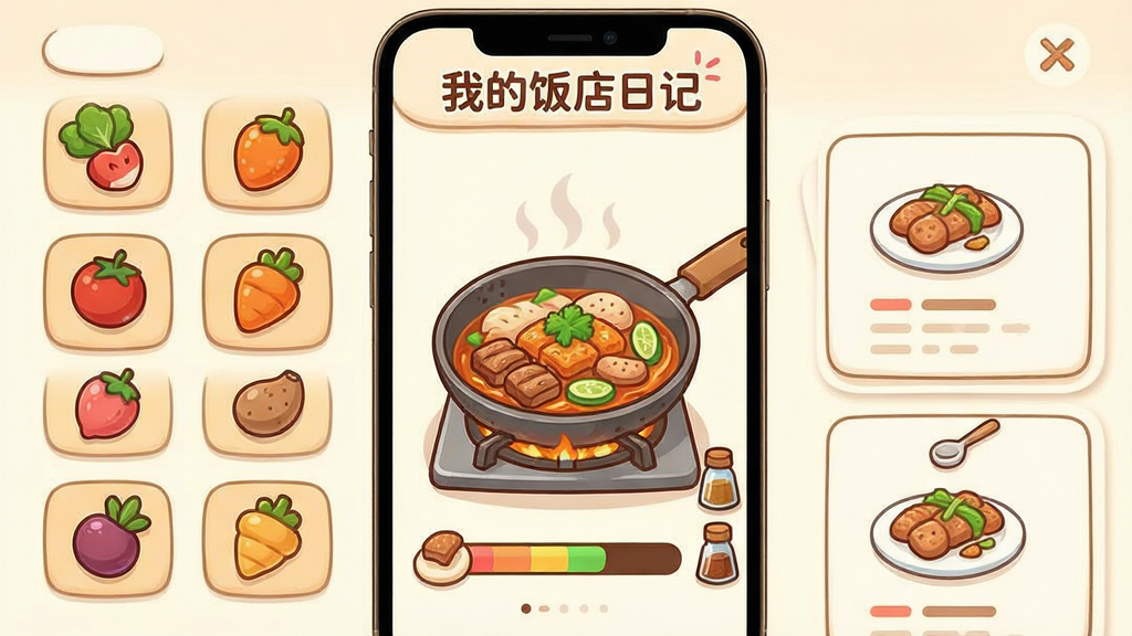 一张卡通风格的菜品研发界面图,画面中展示多种食材图标与菜谱卡片整齐排列,中央是一道正在烹饪的菜肴,旁边有进度条与调味料瓶,布局为手机竖屏排版,风格温馨明快,细节清晰,画质干净,无多余元素,画面中可出现文字“我的饭店日记”