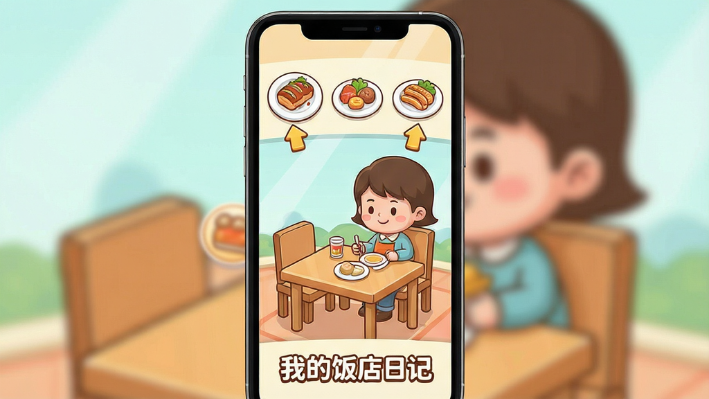一张卡通风格的游戏操作引导图,画面展示手机屏幕中顾客坐在餐桌旁,上方有菜品图标与操作箭头,界面元素简洁明了,布局为竖版手机比例,风格轻松明快,细节清晰,画质干净,无多余元素,画面中可出现文字“我的饭店日记”