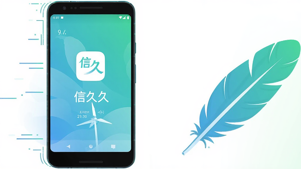 画面主体为一部安卓手机与一个轻量羽毛图标并列,手机屏幕显示信久久应用运行状态界面,羽毛象征轻量流畅;布局为左右对比式,左侧手机右侧羽毛,背景为纯白到浅绿渐变,风格简约科技插画,细节上手机边缘有速度线条,画质高清,干净无多余元素