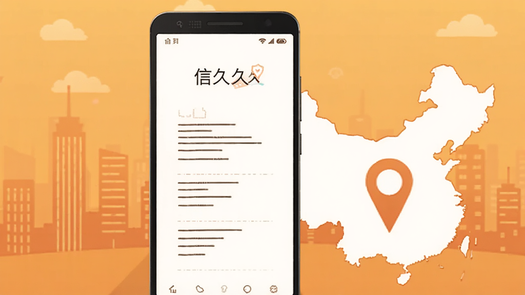 画面主体为一部安卓手机屏幕显示信久久中文界面,手机旁放置中国地图轮廓与定位图标,背景为暖色调城市剪影;布局为手机居中、地图与图标环绕,风格扁平化商务插画,细节上界面文字以线条示意,画质清晰,干净无多余元素