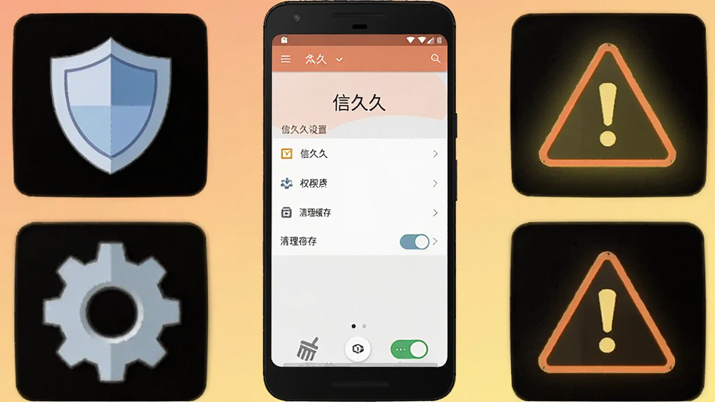 画面主体为一部安卓手机屏幕显示信久久设置界面,旁边放置盾牌、齿轮与警告三角图标,手机下方有清理缓存与权限开关的示意元素;布局为手机居中、图标分列两侧,背景为浅橙到浅黄渐变,风格扁平化提示插画,细节上警告三角带有轻微发光,画质清晰,干净无多余元素