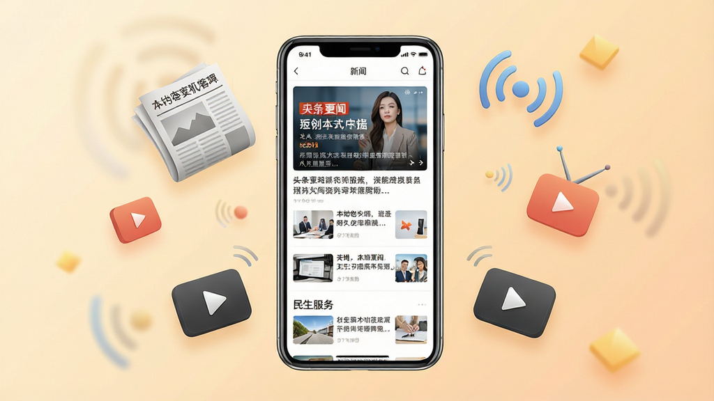 暖新闻手机客户端主界面展示,画面中央是一部竖屏智能手机,屏幕上显示新闻资讯列表,包含头条大图、本地要闻、民生服务等板块,整体布局清晰整洁,手机周围漂浮着报纸、广播电波、视频播放按钮等元素,背景为浅暖色调渐变,风格现代简约,细节丰富,画质高清,画面干净,无多余元素