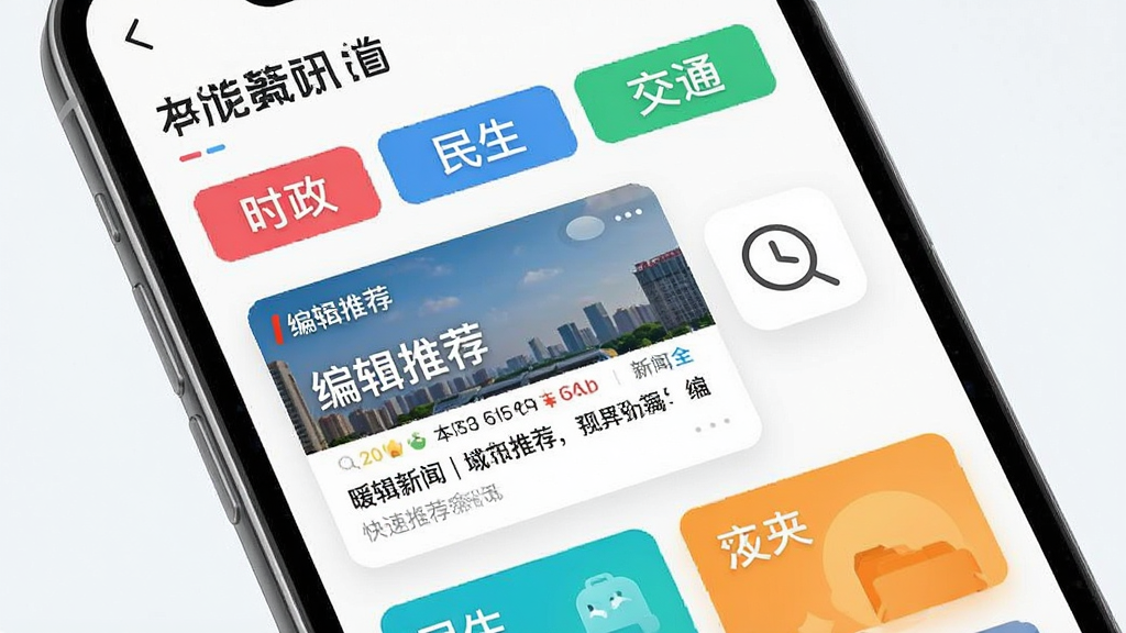 暖新闻本地资讯频道界面,手机屏幕展示多个新闻栏目标签,时政、民生、交通等板块色彩分明,页面中有编辑推荐的置顶新闻卡片,旁边有放大镜和时钟图标象征快速检索与实时更新,整体风格清爽明快,画质清晰,布局规整,无杂乱元素