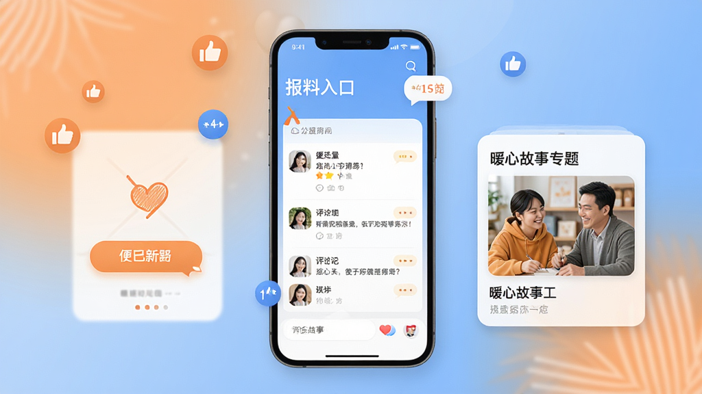 暖新闻便民服务与互动功能展示,手机界面中呈现报料入口、评论区互动和暖心故事专题卡片,画面上有用户点赞的小图标与消息气泡,背景采用柔和的橙蓝色调,风格亲切自然,细节精致,画质高清,画面整洁无冗余