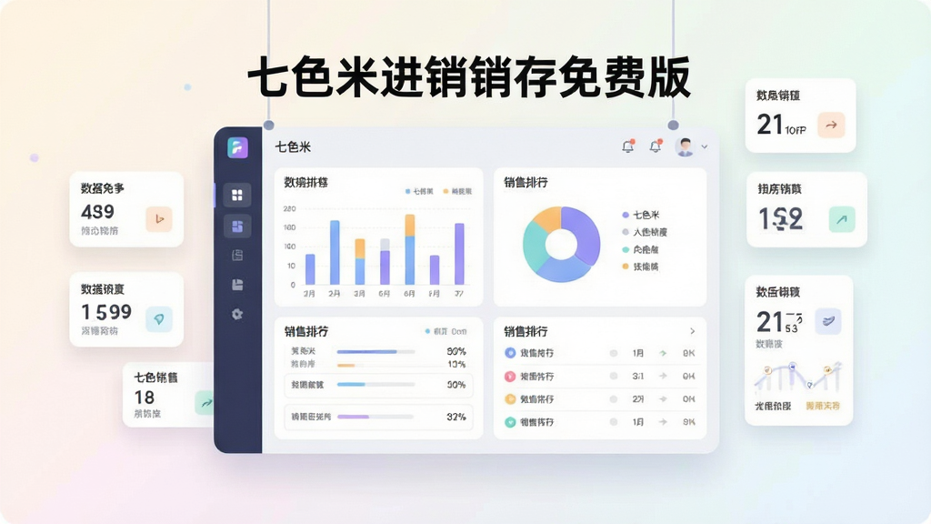 画面主体为一块悬浮的数据看板,看板上方写有“七色米进销存免费版”字样,看板内包含柱状图、饼图和销售排行列表等模块;布局为看板居中、四周环绕小型数据卡片,背景为浅色渐变;风格为现代简洁数据可视化插画,细节包括清晰的数据标签、柔和配色和圆角图表,画质干净清晰,无多余元素。