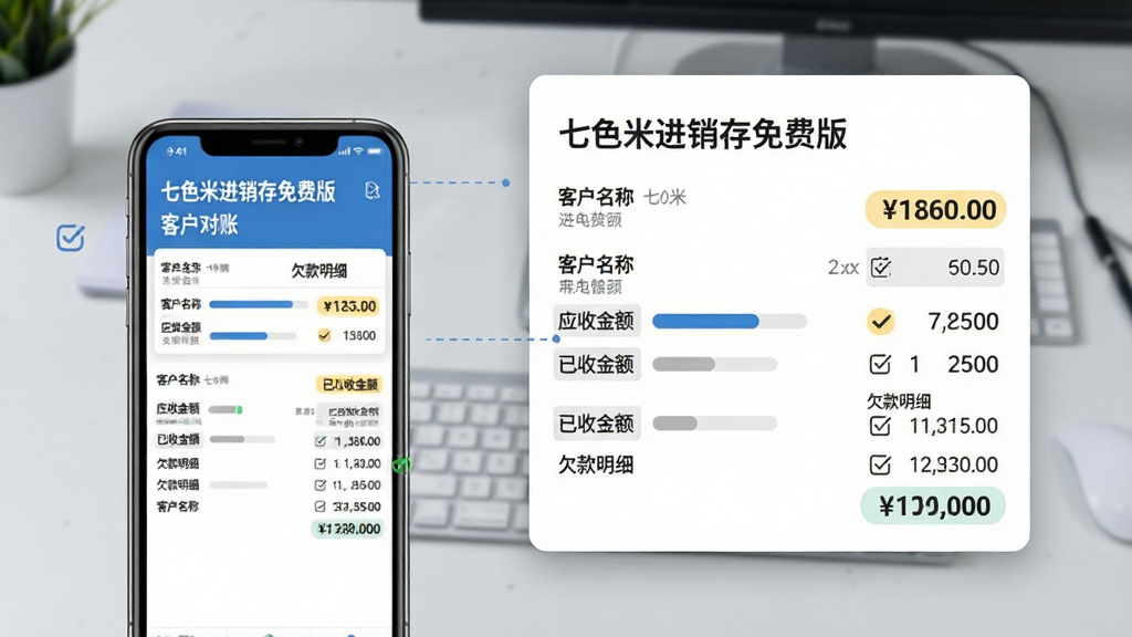 画面主体为一张悬浮的销售单据与手机界面组合,手机屏幕显示“七色米进销存免费版”客户对账页面,页面中包含客户名称、应收金额、已收金额和欠款明细;布局为手机居左、放大的单据卡片居右,背景为浅灰色办公桌面;风格为简洁商务信息图,细节包括数据条、勾选标记和金额数字高亮,画质清晰干净,排版整齐无多余装饰。