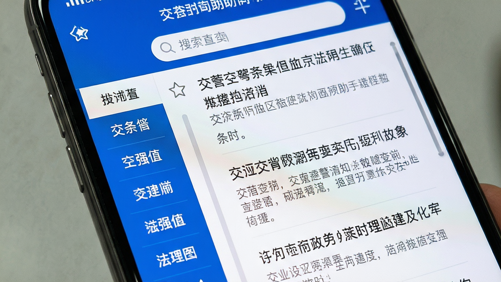 手机屏幕特写,画面中央为交警助手应用的法规查询页面,左侧竖排分类导航栏,右侧为条文列表,顶部有搜索框,界面风格为蓝白政务风,排版疏朗,细节包括收藏星标图标、条文摘要文字、滚动条,画质清晰,干净,无多余元素