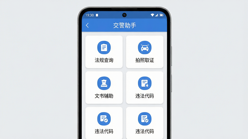 手机应用界面展示,主体为一部竖屏安卓手机,屏幕内显示交警助手应用首页,布局为顶部标题栏加功能卡片网格,卡片包含法规查询、拍照取证、文书辅助、违法代码等入口,排版整齐清晰,风格为扁平化政务蓝白配色,细节包括圆角图标、浅灰背景、状态栏时间信号图标,画质清晰,干净,无多余元素
