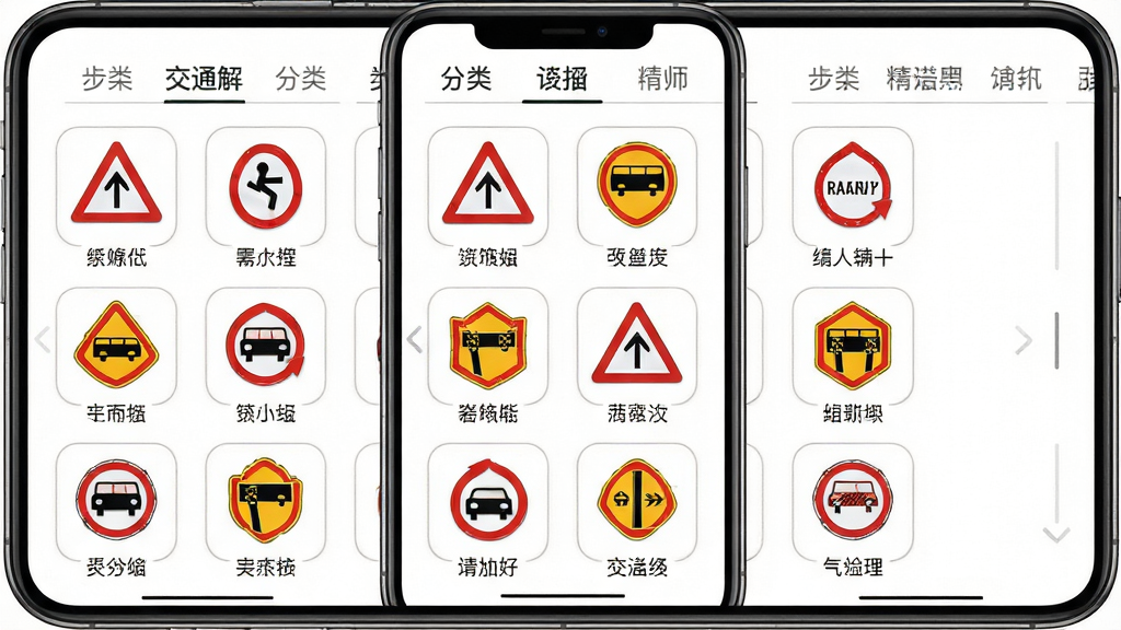 手机应用交通标识图解页面,主体为手机屏幕显示网格排列的交通标志图标,每个图标下方有名称文字,顶部有分类标签栏,布局为三列网格,风格为白底彩色图标配灰色文字,细节包括图标圆角边框、分类选中态下划线、滚动指示,画质清晰,干净,无多余元素