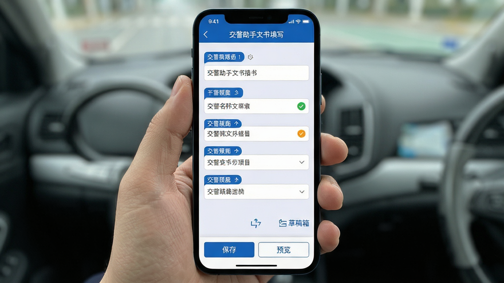 手机屏幕展示交警助手文书填写页面,主体为表单式界面,包含多个输入框与下拉选项,顶部有模板名称标题,底部有保存与预览按钮,布局为纵向表单排列,风格为浅色背景配蓝色标签文字,细节包括字段提示文字、校验图标、草稿箱入口,画质清晰,干净,无多余元素