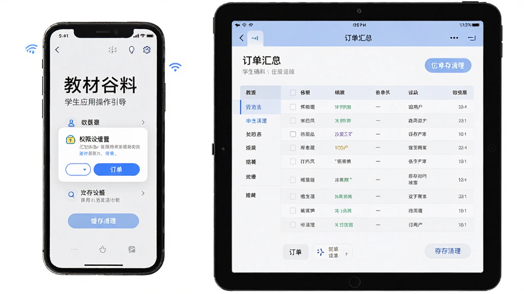 畅想谷粒学生应用操作引导场景,主体为手机与平板设备并排展示,布局为居中构图,左侧手机显示教材确认页面,右侧平板显示订单汇总表格,排版整齐,风格为清爽科技插画,细节包括权限设置弹窗、网络信号图标与缓存清理按钮,画质高清干净无多余元素