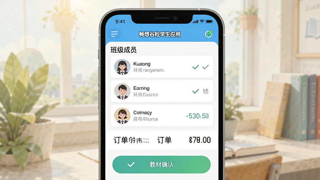 画面主体为畅想谷粒学生应用中的班级征订界面,布局为手机屏幕居中展示,屏幕内呈现班级成员列表与教材确认按钮,排版采用上下结构,风格为明亮简约的UI展示插画,细节包含对勾图标、订单汇总数字与班级头像,画质清晰干净无多余元素