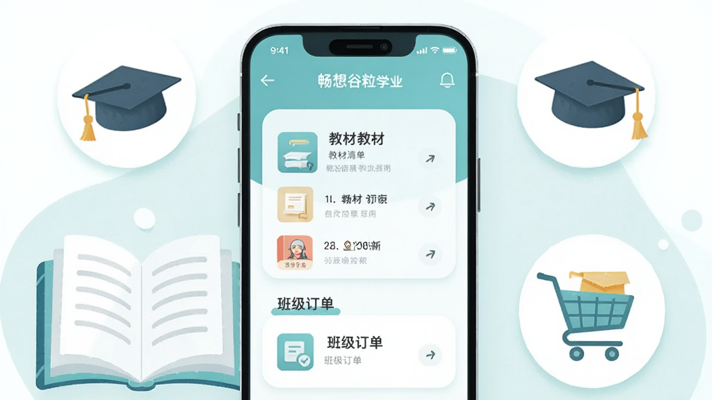 主体为一部智能手机,屏幕中显示畅想谷粒学生应用界面,包含教材清单与班级订单模块,手机周围环绕书本、毕业帽与购物车图标,布局居中对称,排版上应用界面占据视觉中心,风格为清新扁平化插画,细节包括柔和的蓝绿色调、圆角卡片与简洁图标,画质高清干净无多余元素