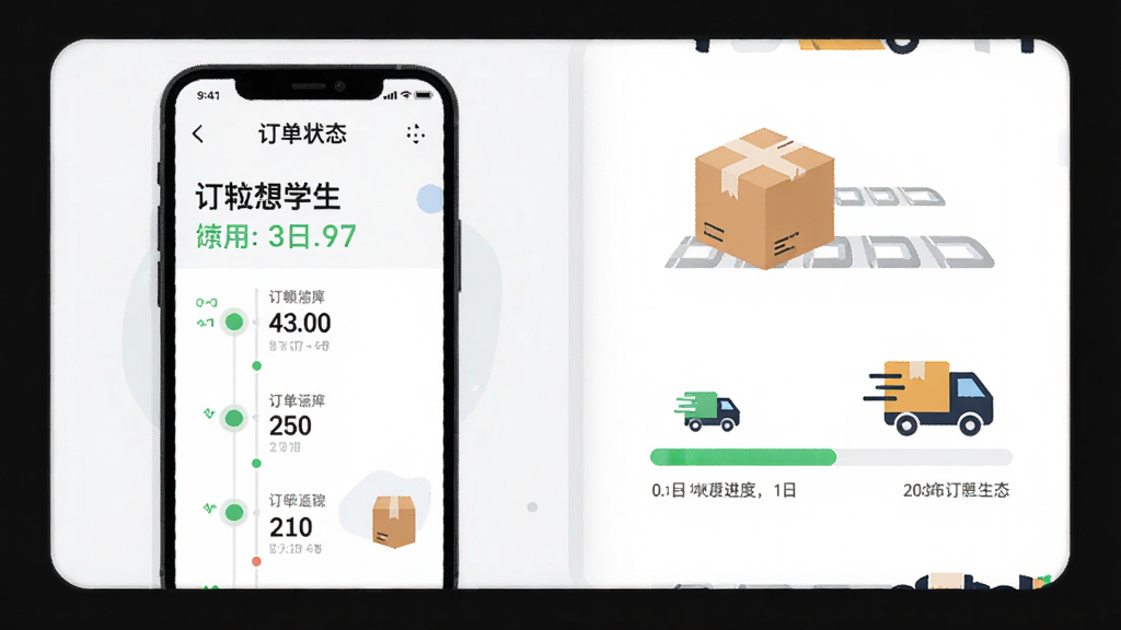畅想谷粒学生应用订单跟踪页面展示,主体为手机界面与物流进度条,布局采用左右分栏,左侧手机屏幕显示订单状态,右侧为包裹与配送图标,排版清晰有序,风格为现代扁平插画,细节包括时间轴节点、绿色状态标识与快递箱元素,画质高清干净无多余元素